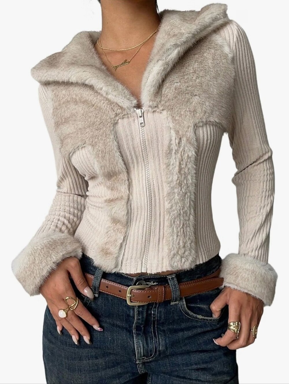 Fuzzy Knit Cardigan Sweaters Zip Up Collar